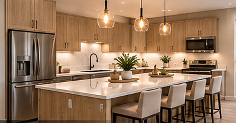Conceptual townhome kitchen with oak-tone cabinets and light countertops