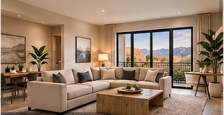 Conceptual townhome living room with neutral furnishings