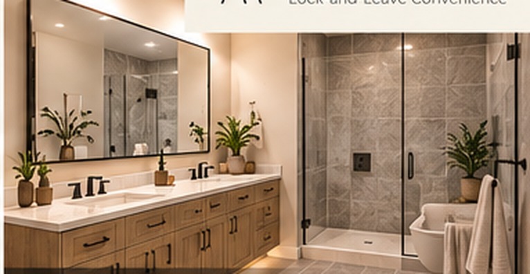 Conceptual primary bathroom with double vanity and walk-in shower