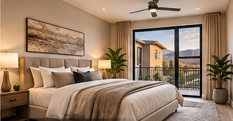 Conceptual primary bedroom with warm neutral materials