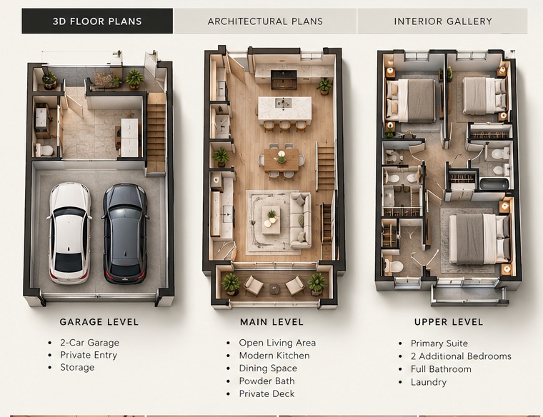 Illustrative furnished 3D floor-plan concept for Aria townhomes; not an accurate architectural plan