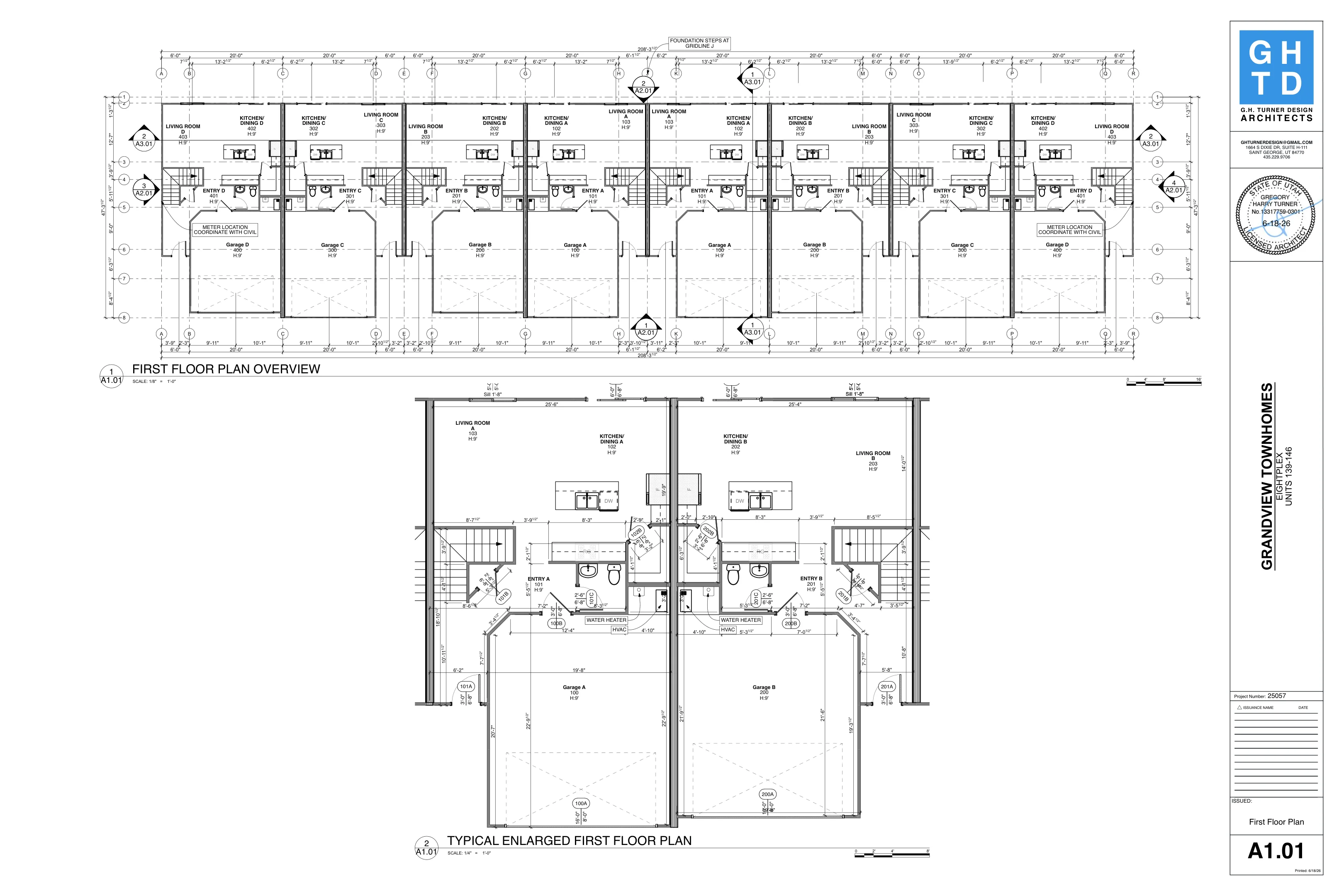 Approved architectural drawing A1.01 showing the first floor plan of eight Grandview townhomes
