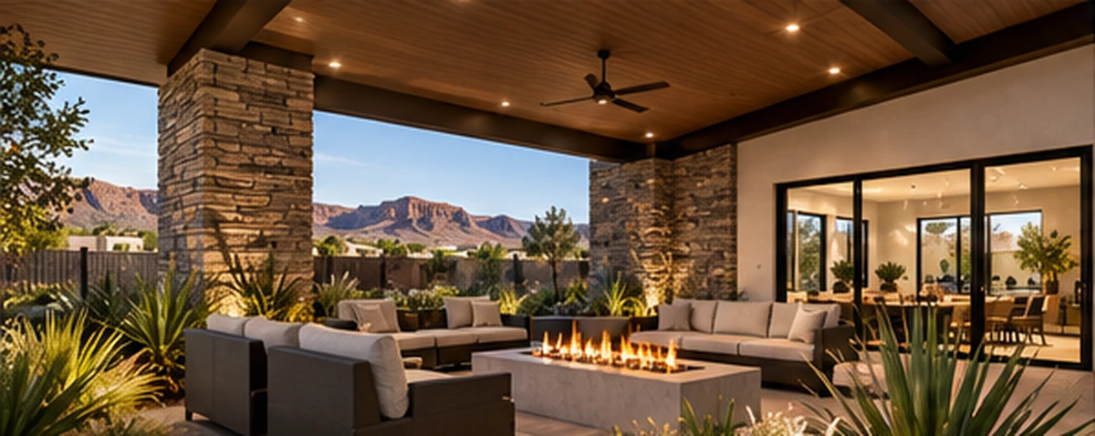 Grandview amenity artist concept depicting covered patio & fire pit