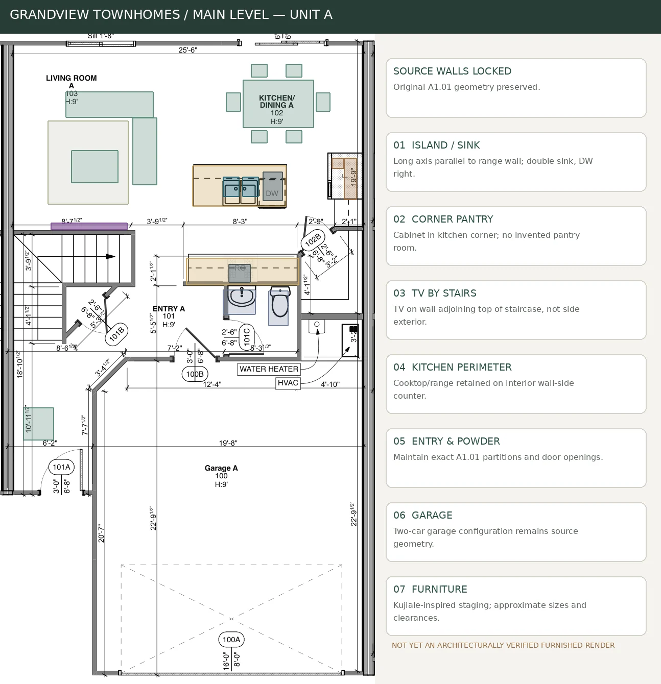 A1.01 actual Grandview drawing with provisional island, corner pantry, TV-adjacent-to-stairs and living/dining furnishing footprints; original wall geometry visible.