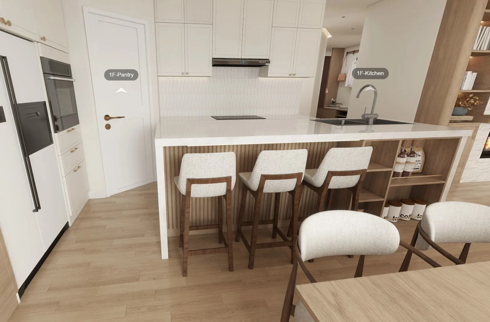 Grandview-specific dining and kitchen design with light wood dining table, paneled island and white cabinets