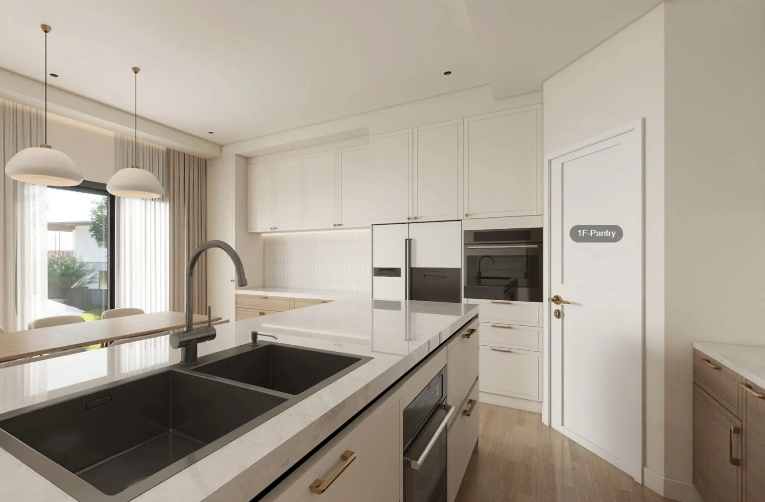 Grandview-specific Kujiale interior design showing white kitchen cabinetry, large double-bowl sink island and warm wood accents