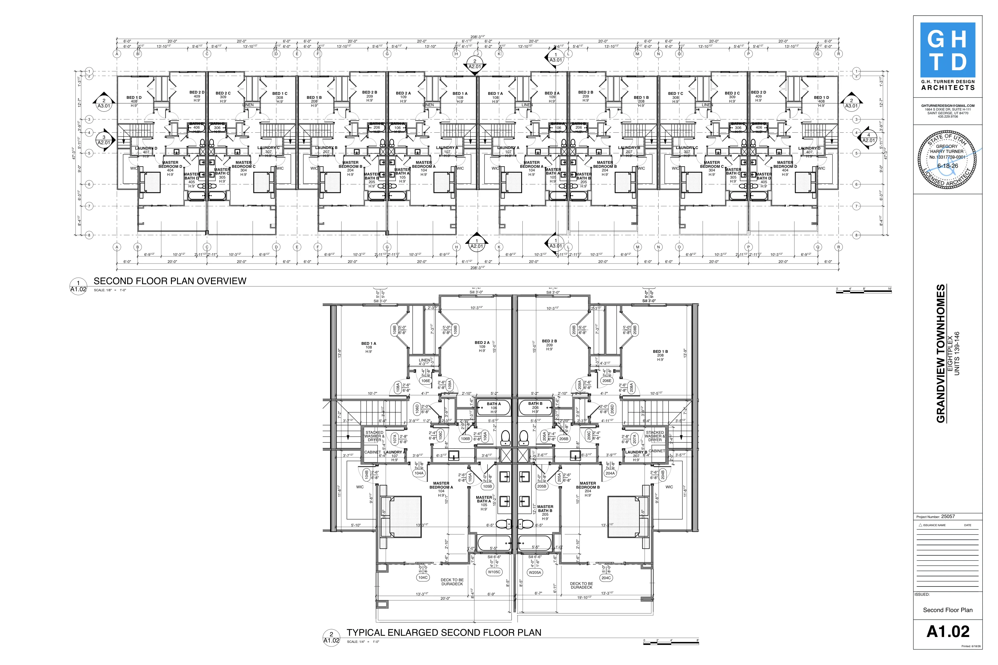 Approved architectural drawing A1.02 showing the second floor plan of eight Grandview townhomes
