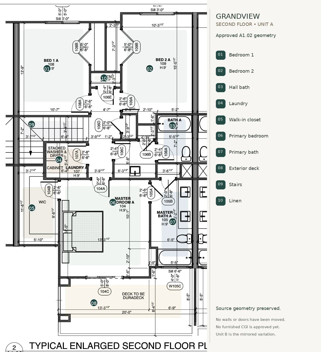Approved Grandview A1.02 Unit A second floor, with bedroom, stair, bath, laundry, closet and outdoor deck room labels