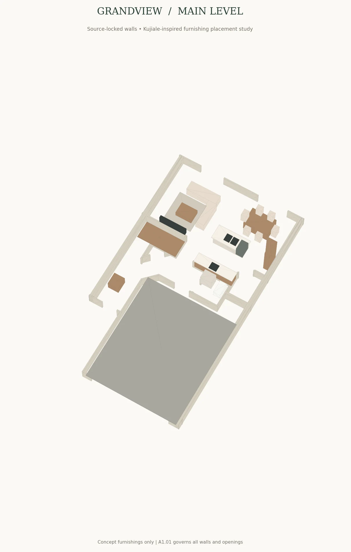 Cutaway 3D model with A1.01 source-derived walls, kitchen island, living/dining staging and garage.