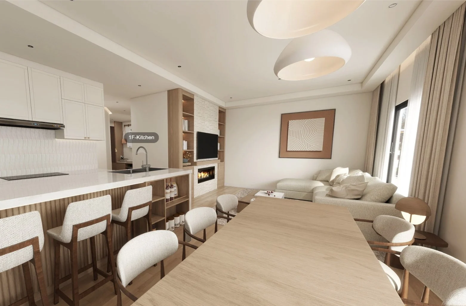 Grandview-specific Kujiale living room design with fireplace, built-in media wall and sectional sofa